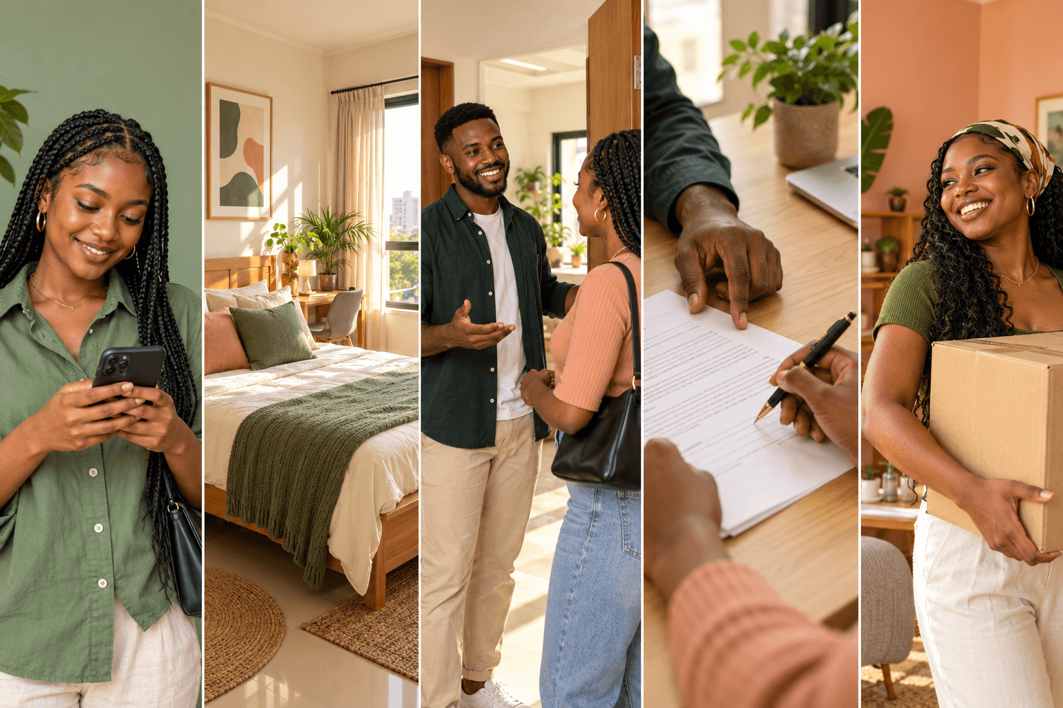 Illustrated scenes of searching, viewing, signing and moving into a new home